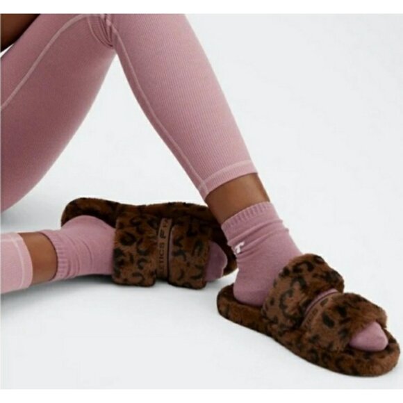 Fabletics Slippers Snug Strap Slipper Fuzzy Brown Leopard Print Slippers Women 6 - Picture 2 of 10